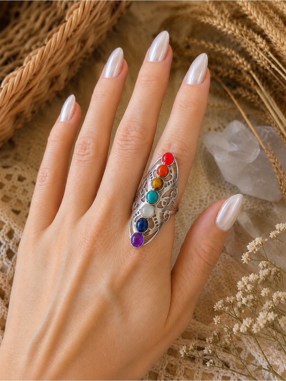 NWOT Rainbow Chakra Stone Ring Silver Tone Adjustable Boho Festival - Picture 3 of 11
